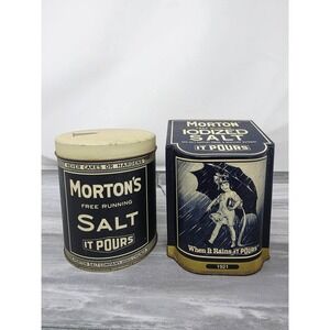 2 Vintage MORTON SALT When It Rains It Pours Metal Tin Canister Can Bristol Ware